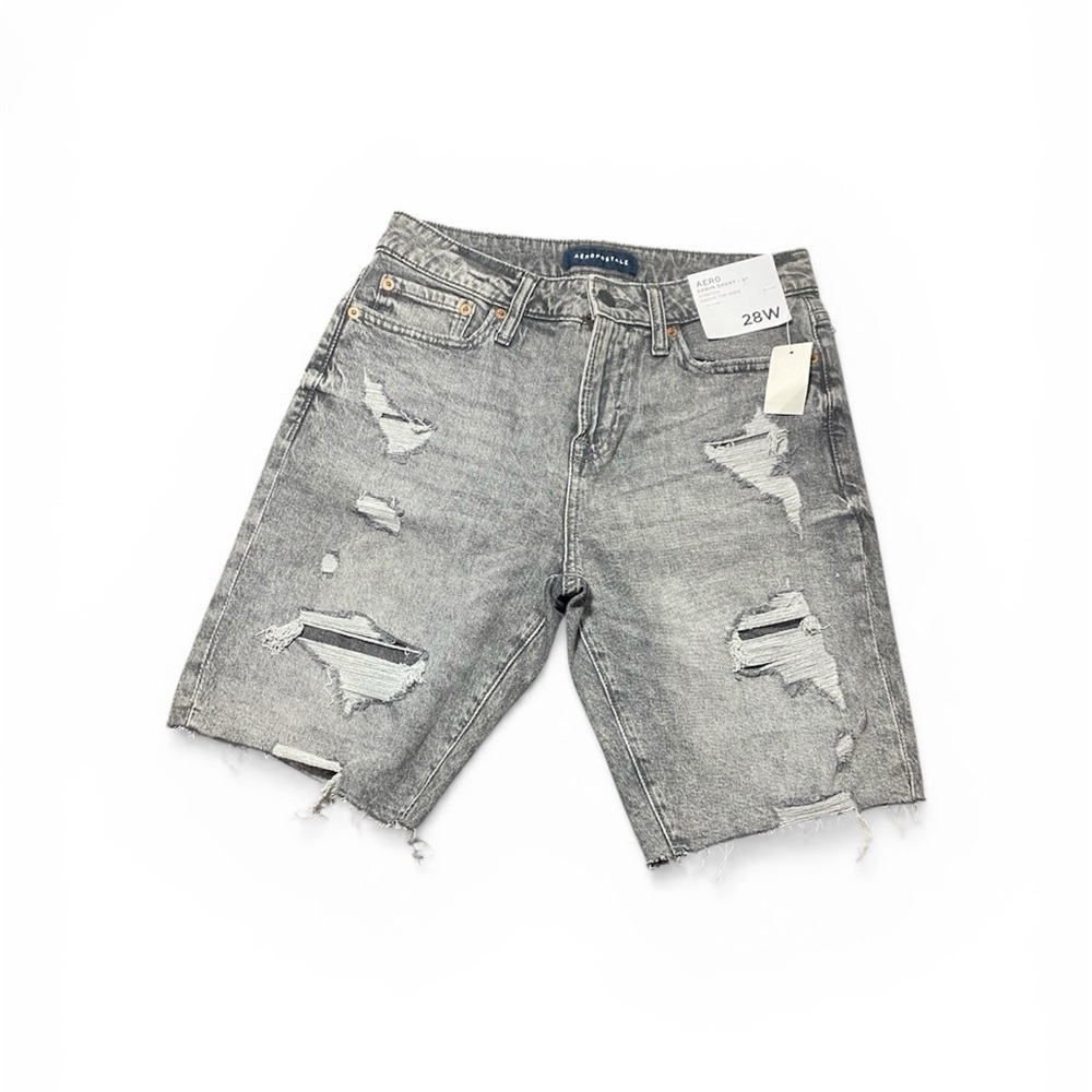 Aeropostale Men's Distressed Light Gray Ripped Denim Jean Shorts Size9 Waist 28
